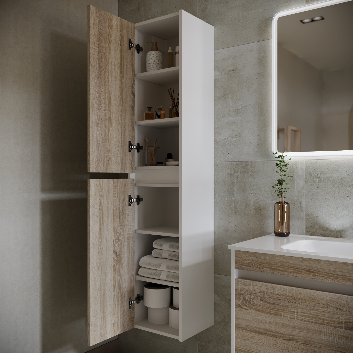 Sancos Smart Шкаф-пенал подвесной 35x30x160h см, цвет: дуб бардолино/белый PSM35E