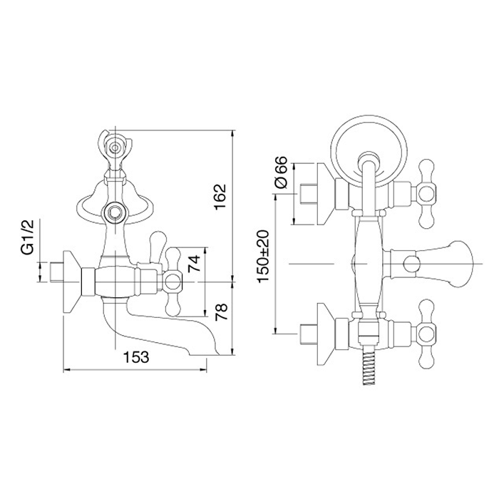 Treemme Romantica Смеситель для ванны настенный, ручки PV, цвет: хром/керамика 3601CCPV