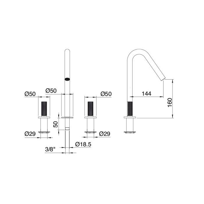 Treemme 22MM Смеситель для раковины на 3 отверстия, цвет: нержавеющая сталь 6011IS