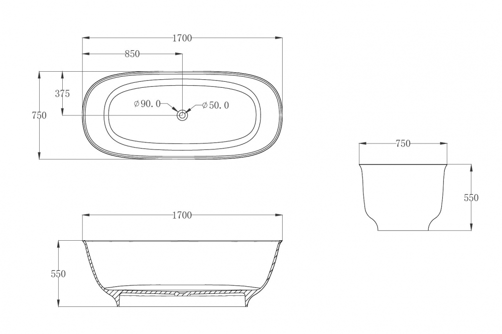 Abber Kristall Прозрачная ванна отдельностоящая овальная 170x75x55h см, цвет: черный AT9707Onyx