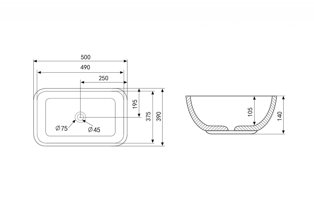 Abber Rechteck Раковина накладная прямоугольная 50x39x14h см, цвет: белый матовый AC2202MW