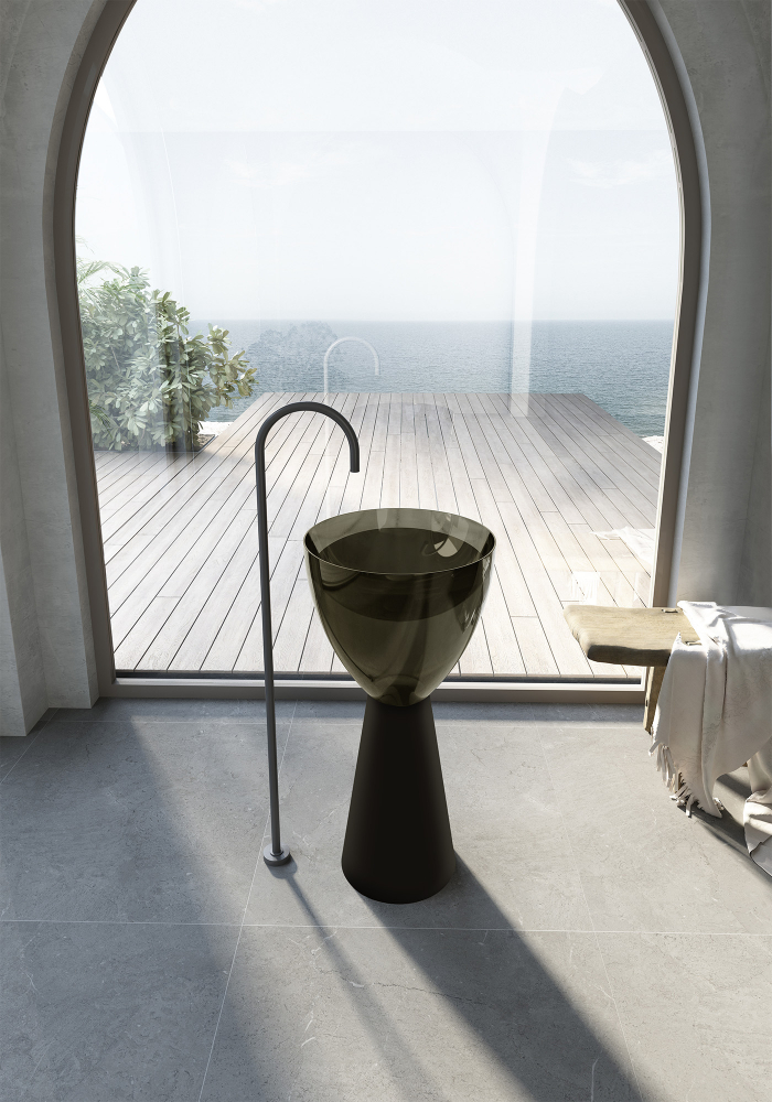 Abber Kristall Раковина отдельностоящая прозрачная круглая 45x45x90h см, цвет: черный/оливковый AT2703Black-Vesuvian