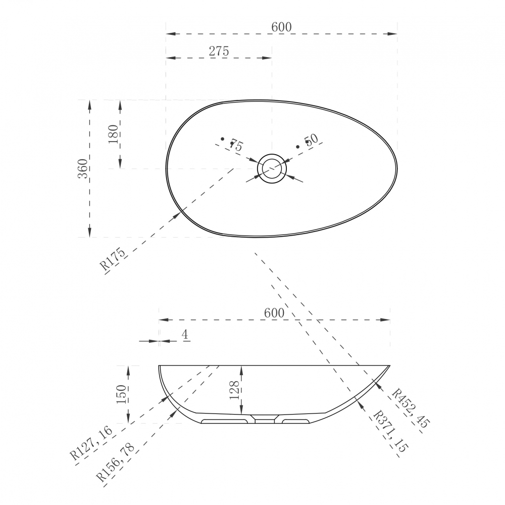 Abber Stein Раковина накладная овальная 60x36x15h см, цвет: белый матовый AS2615