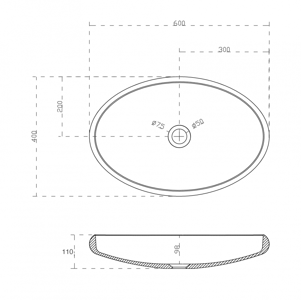 Abber Stein Раковина накладная овальная 60x40x11h см, цвет: белый матовый AS2614