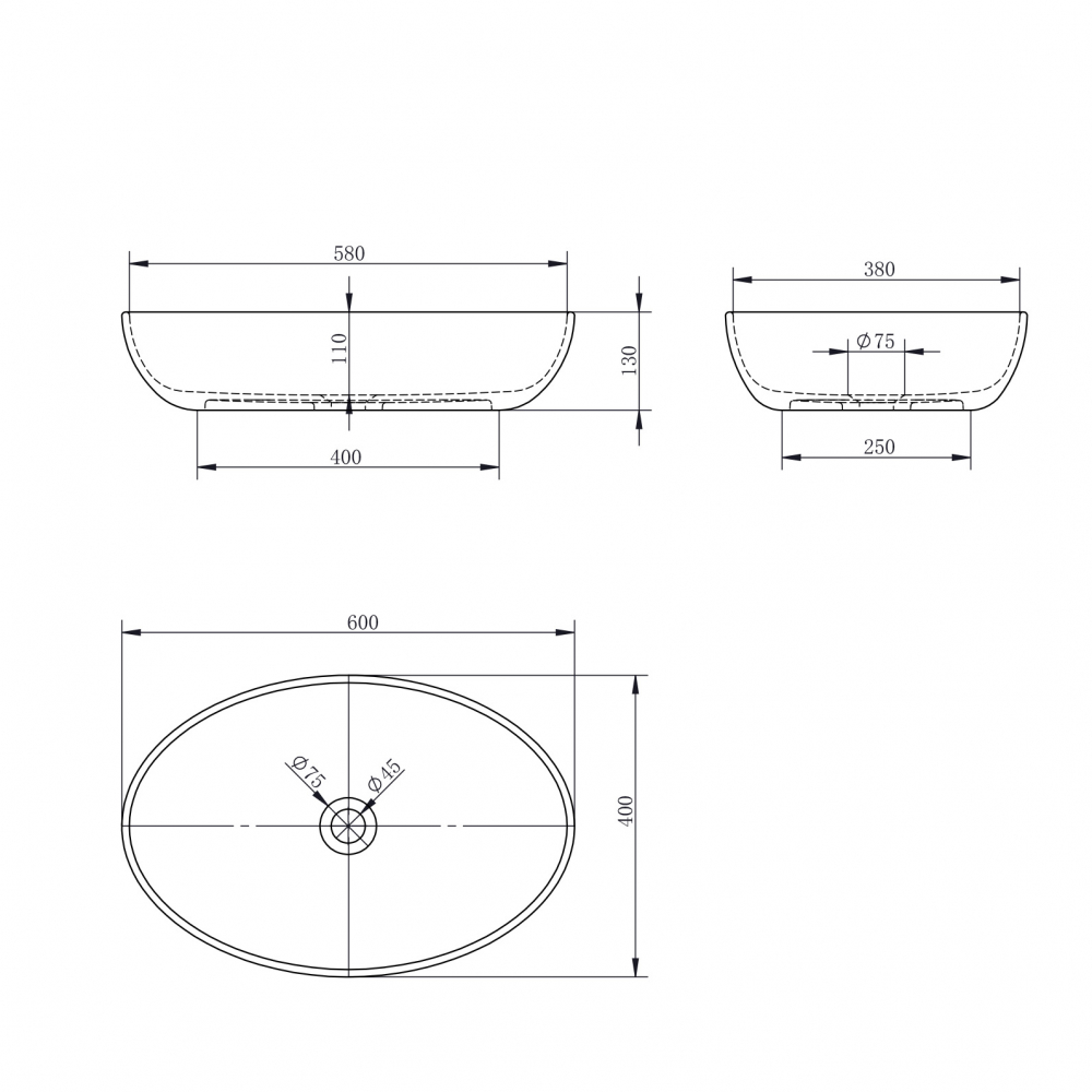 Abber Stein Раковина накладная овальная 60x40x13h см, цвет: белый матовый AS2619
