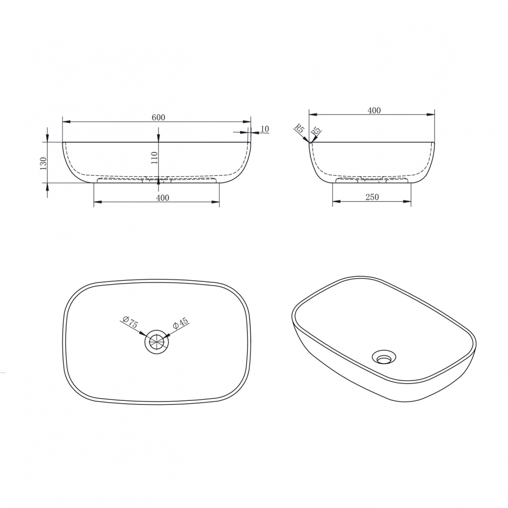 Abber Stein Раковина накладная прямоугольная 60x40x13h см, цвет: белый матовый AS2620