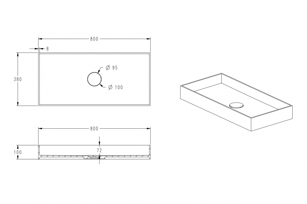 Abber Stein Раковина накладная прямоугольная 80x38x10h см, цвет: белый матовый AS2622