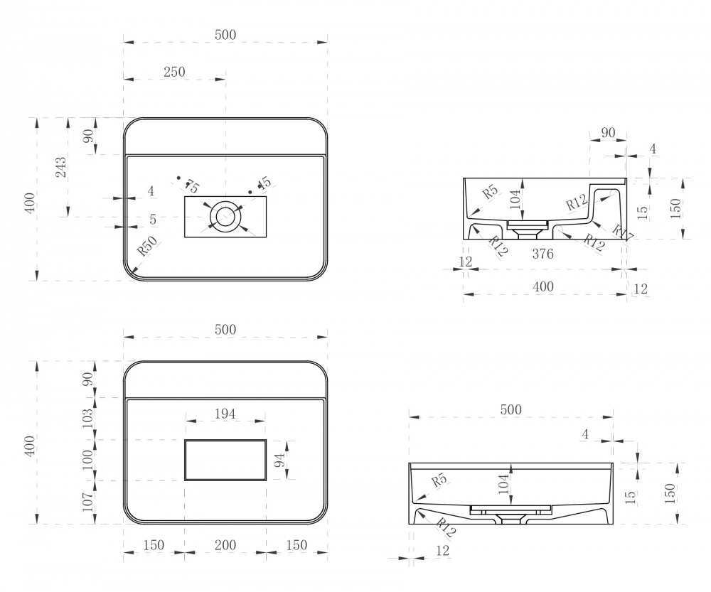 Abber Stein Раковина подвесная прямоугольная 50x40x15h см, цвет: белый матовый AS2626