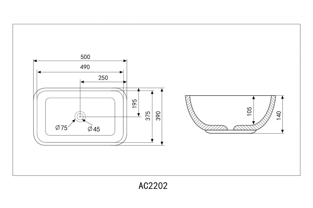 Abber Rechteck Раковина накладная прямоугольная 50x39x14h см, цвет: белый AC2202