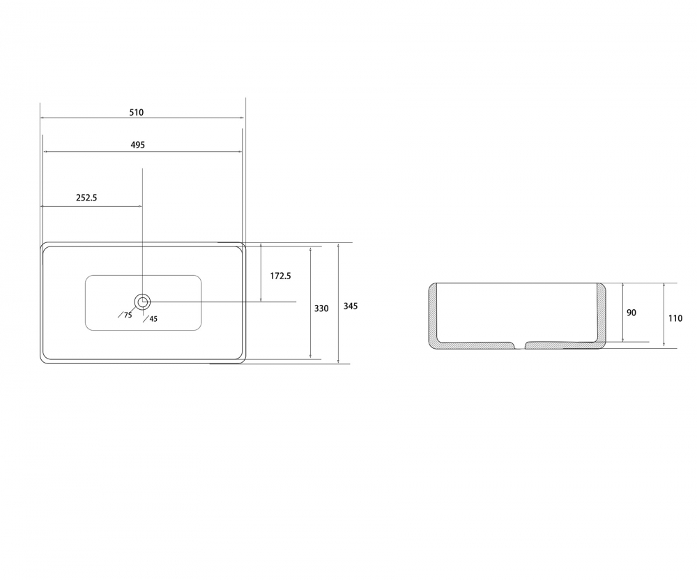 Abber Rechteck Раковина накладная прямоугольная 51x34,5x11h см, цвет: белый AC2207