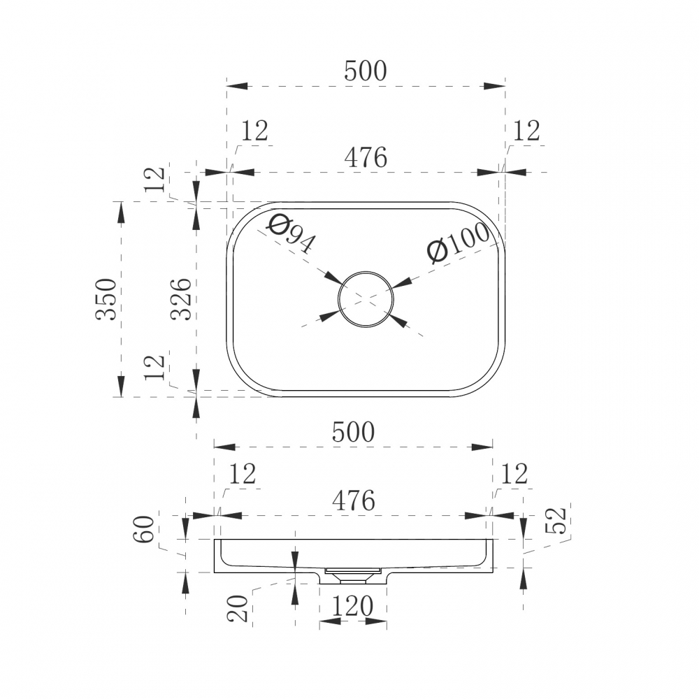 Abber Stein Раковина накладная прямоугольная 50x35x6h см, цвет: белый матовый AS2602