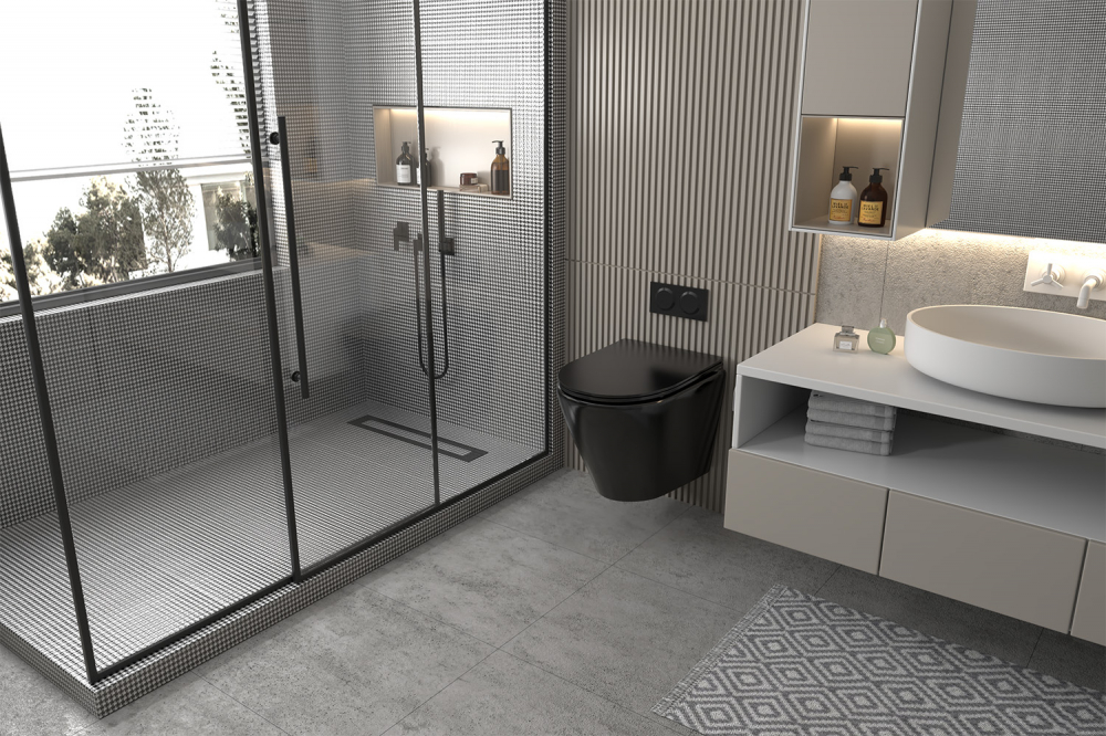 Abber Bequem Унитаз подвесной, безободковый 37x48x37h см, цвет: черный матовый AC1102MB