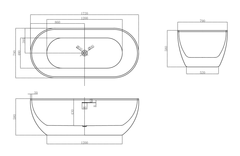 Abber Акриловая ванна отдельностоящая овальная 172x79x58h см, цвет: белый матовый AB9241MW
