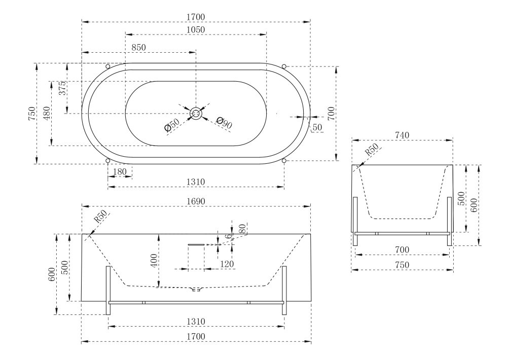 Abber Акриловая ванна отдельностоящая овальная 170x75x60h см, цвет: белый AB9443