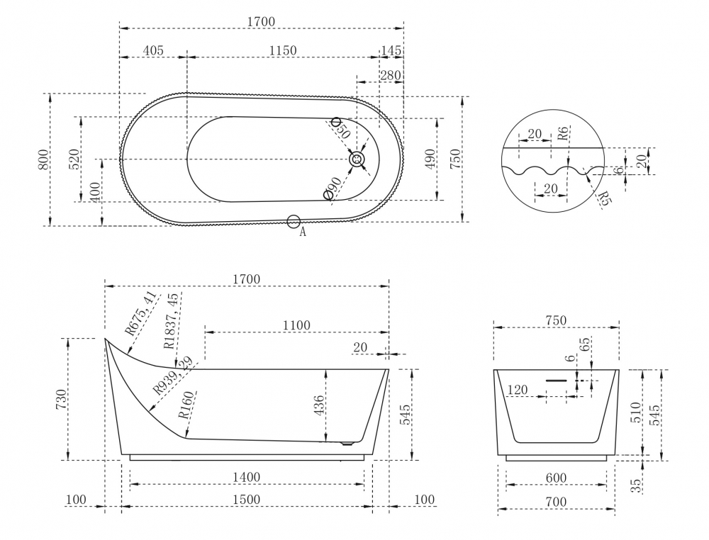 Abber Акриловая ванна отдельностоящая овальная 170x80x73h см, цвет: белый матовый AB9445MW