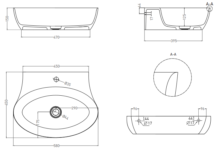 Salini Alda Wall 01 Раковина подвесная округлая 58x45x15h см, цвет: белый глянцевый 140311G