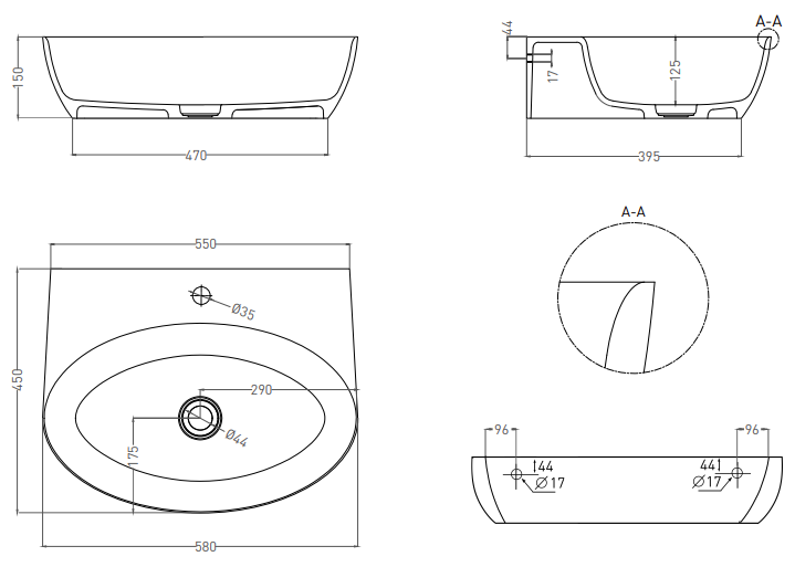 Salini Alda Wall 02 Раковина подвесная округлая 58x45x15h см, цвет: белый глянцевый 140312G