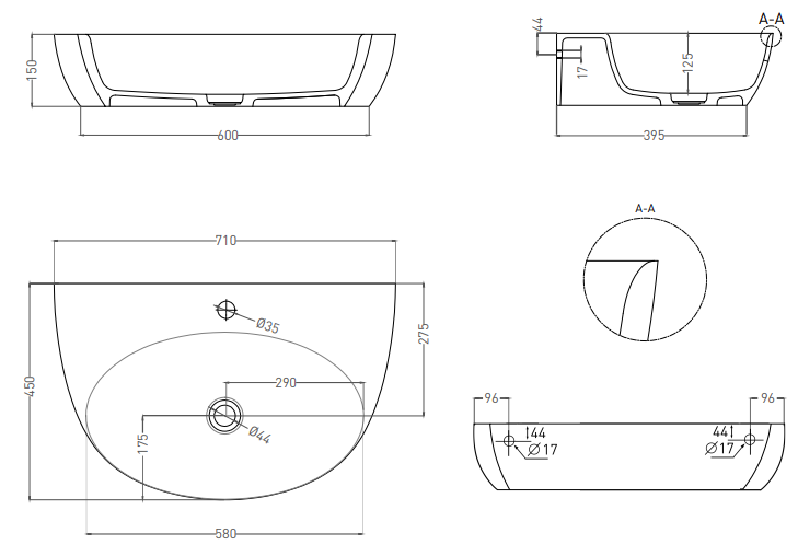 Salini Alda Wall 03 Раковина подвесная округлая 71x45x15h см, матовый цвет: RAL 140323MF