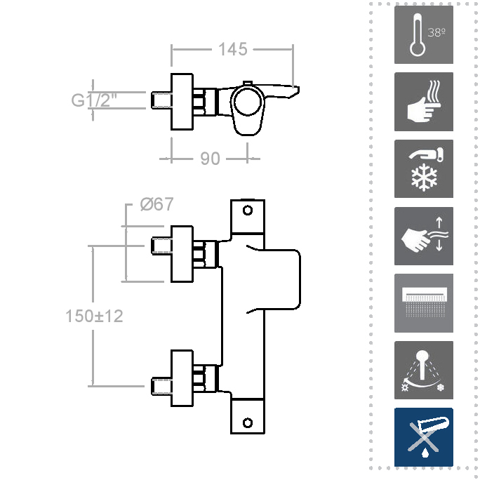 Ramonsoler Alexia Термостатический смеситель настенный излив каскад, цвет: никель брашированный 363901DNC