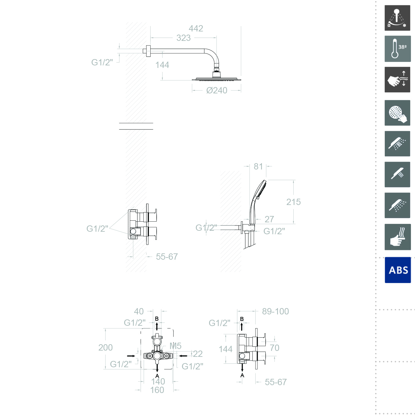 Ramonsoler Blautherm Душевой комплект встраиваемый, термостат, тропический душ, цвет: матовый черный 948712RP240NM
