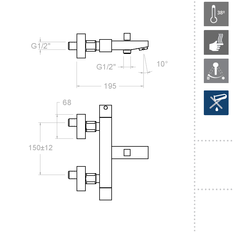 Ramonsoler Kuatro Термостатический смеситель для ванны настенный, цвет: хром 4736S