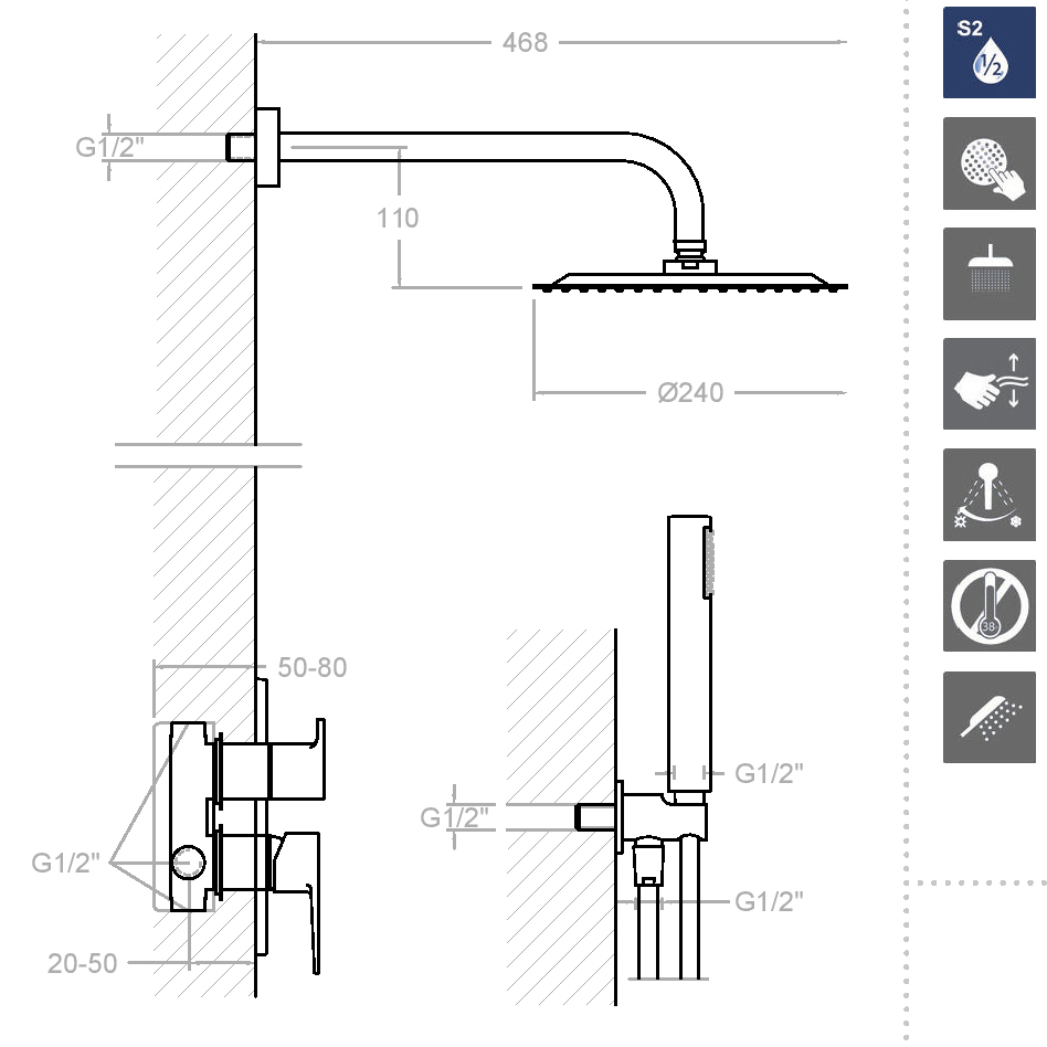 Ramonsoler Titanium Душевой комплект встраиваемый с тропическим душем, цвет: хром K1815021