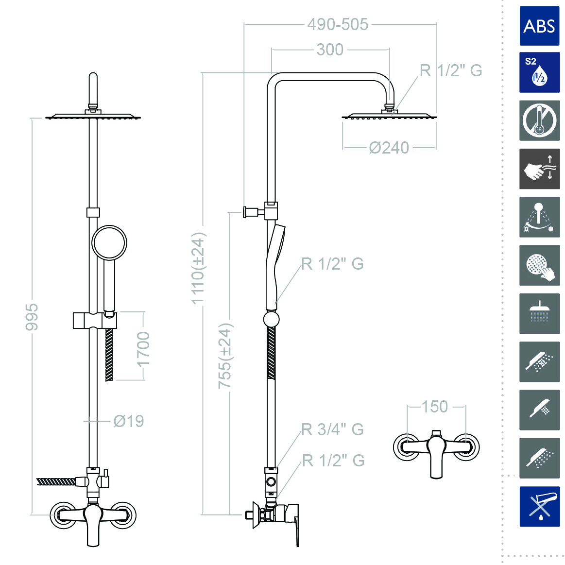 Ramonsoler Titanium Душевая стойка с верхним тропическим душем 50,5x111h см, цвет: хром 1878RP240