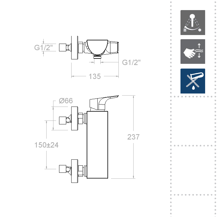 Ramonsoler Urban Chic Смеситель настенный с душем, цвет: хром 210801K1