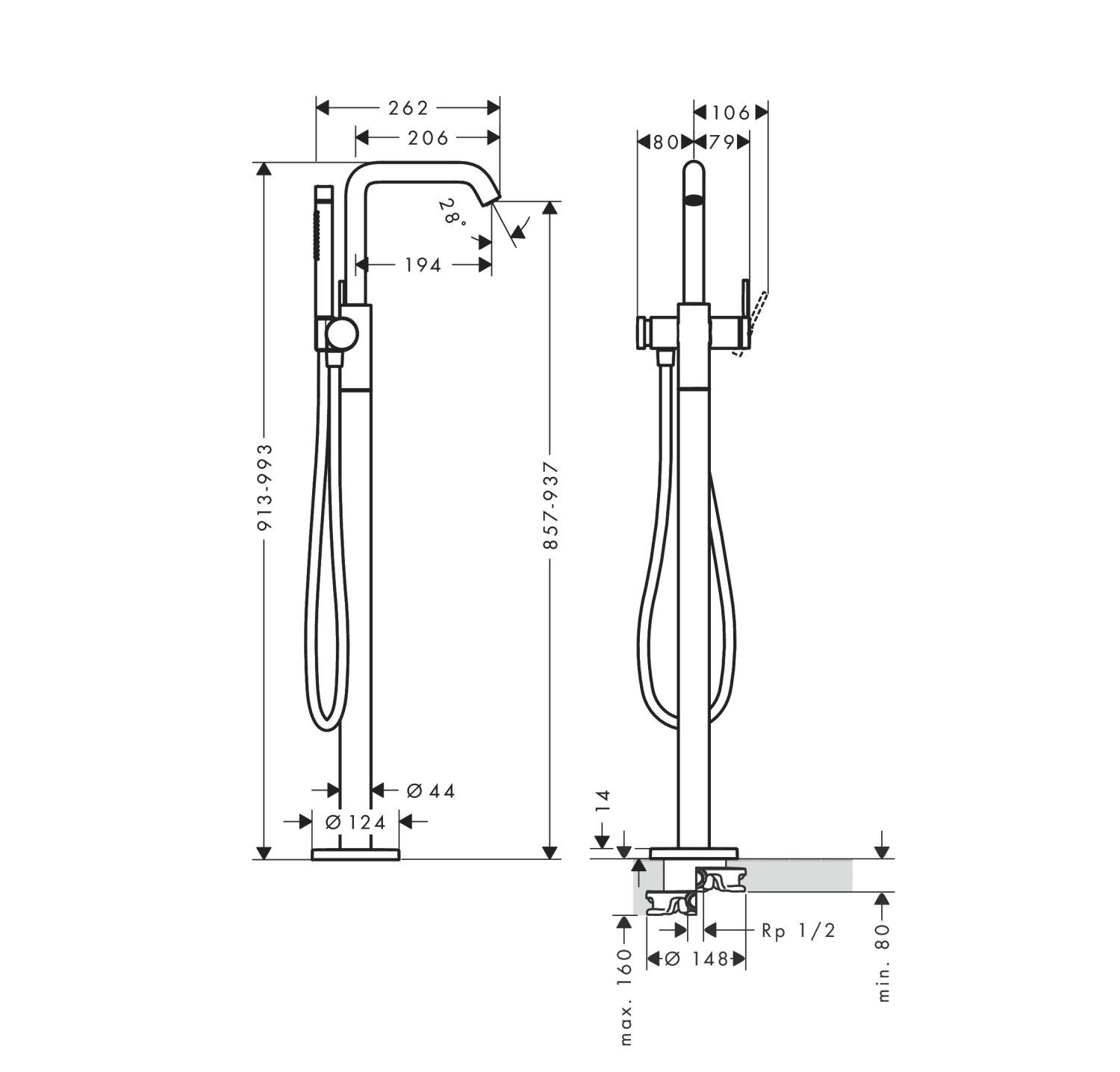 Hansgrohe Tecturis S Смеситель для ванны напольный, с ручным душем, внешняя часть, цвет: хром 73440000