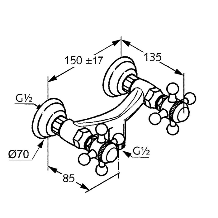 Kludi 1926 Смеситель для душа DN 15 настенный, крестообразные рукоятки, цвет: золото 516104520