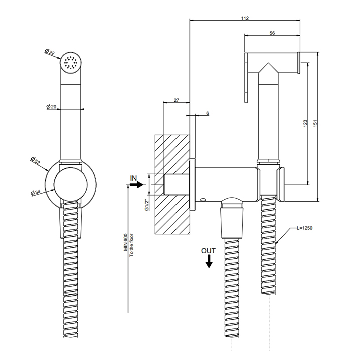 Gessi Tradizione Гигиенический душ, держатель с подводом воды, шланг 125 см, цвет: gold PVD 14331#246