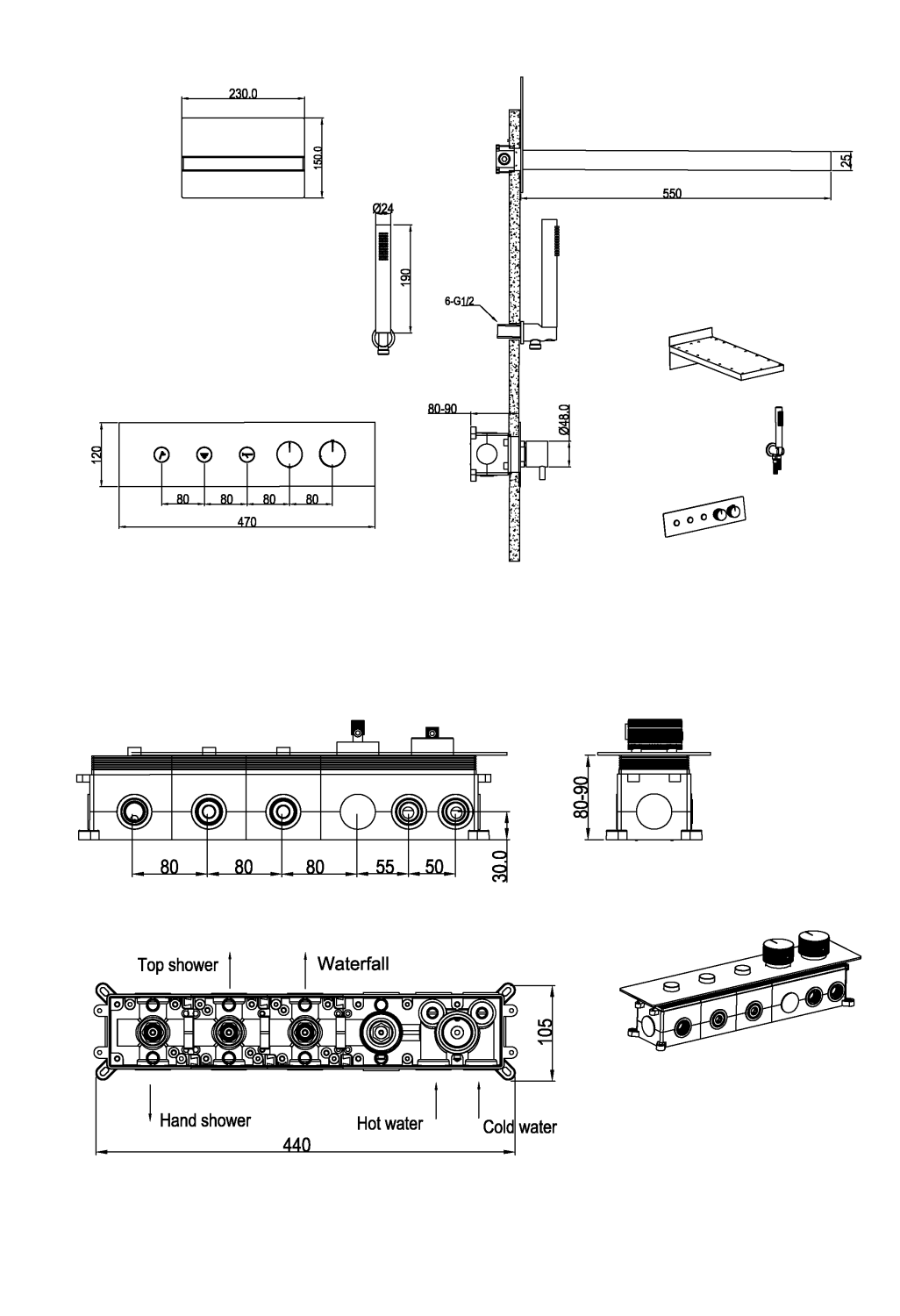 Boheme Fusion Душевой комплект встраиваемый - термостат, верхний душ, 3 потреб., цвет: matt gold 131-MG