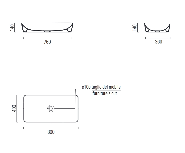 GSI Nubes Раковина чаша 80x40x14h см, без перелива, без д/к, цвет: creta opaco 904008