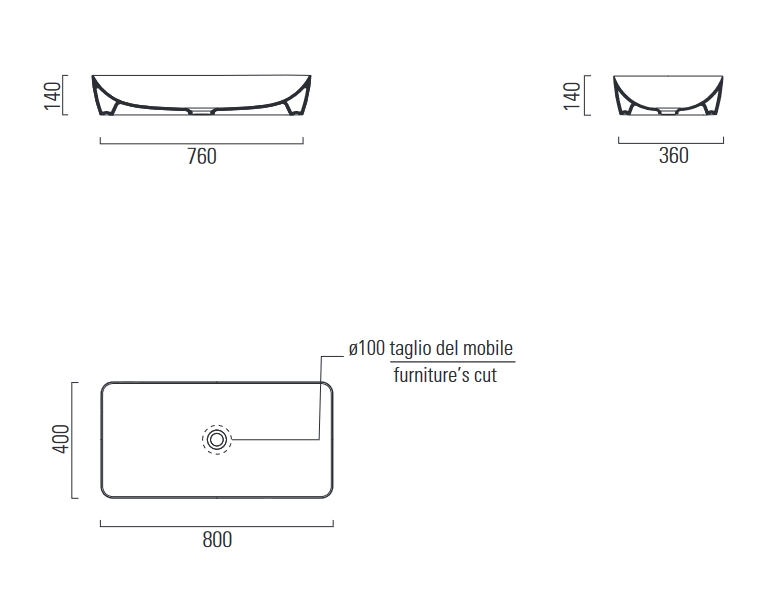 GSI Nubes Раковина чаша 80x40x14h см, без перелива, без д/к, цвет: белый глянцевый 904011