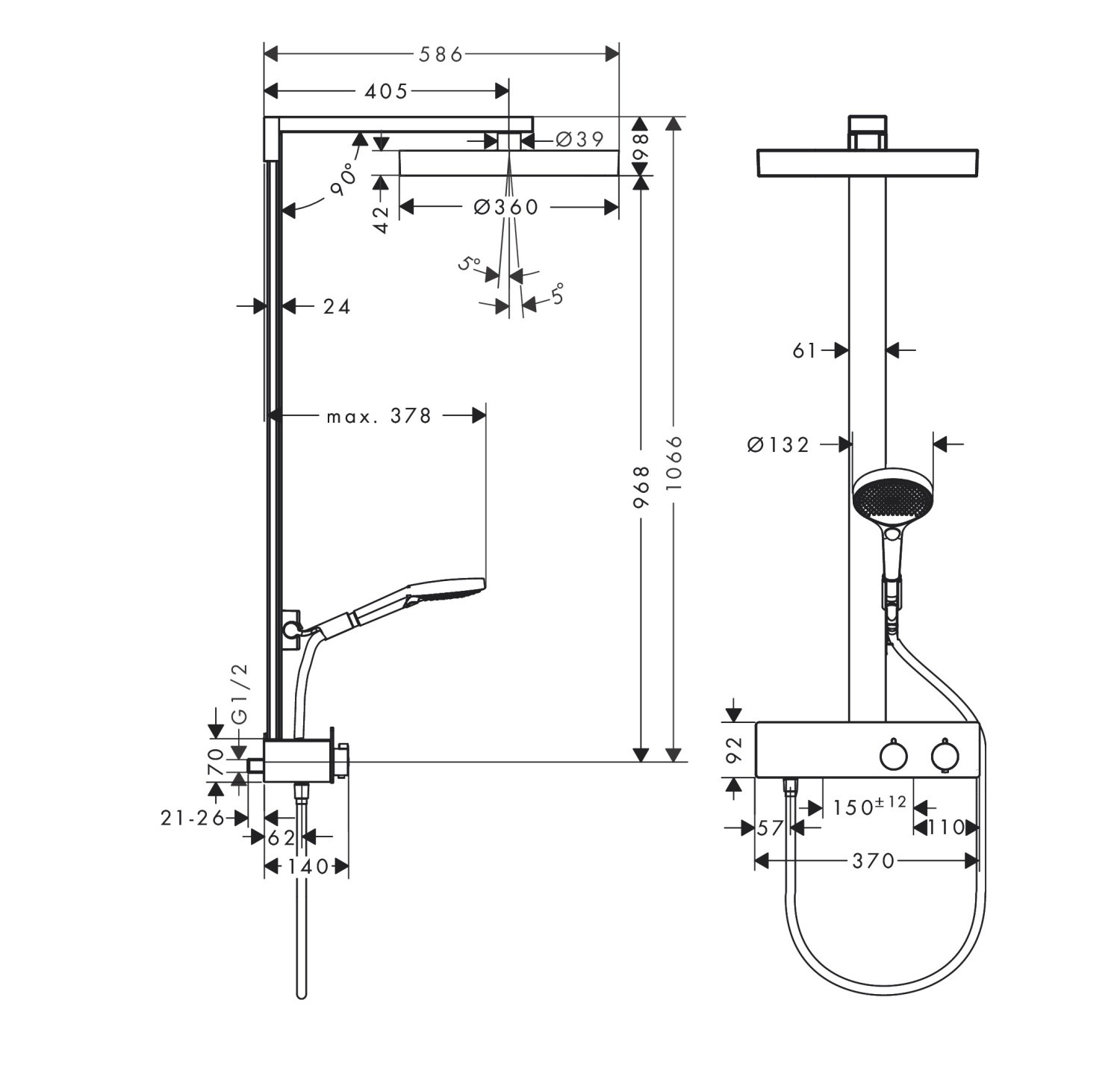 Hansgrohe Rainfinity Душевая стойка с термостат. смесит., верхним и ручным душем, шланг, цвет: хром 26853000