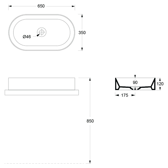 Alice Spy Раковина чаша 65х35х12h см, без перелива, цвет: черный матовый 34240108
