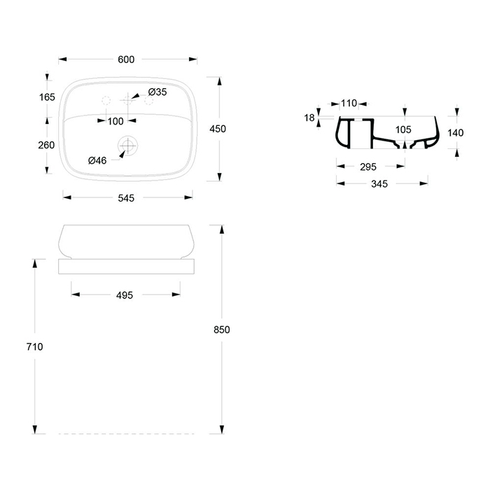 Alice Nur Раковина чаша 60х45х14h см, без перелива, цвет: белый 33210101