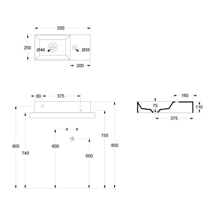 Alice Spy Раковина подвесная 55х25х11h см, без перелива, цвет: белый 34100101