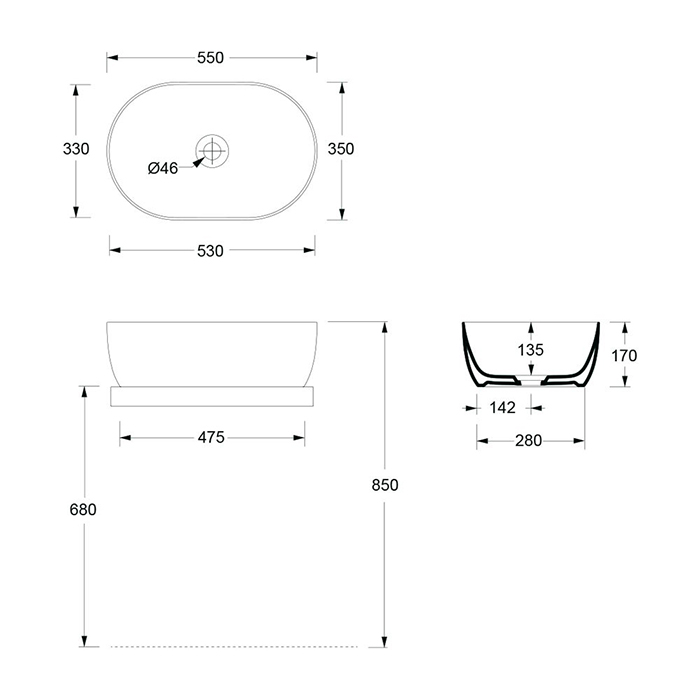 Alice Unica Раковина чаша 55х35х17h см, без перелива, цвет: белый 32120101
