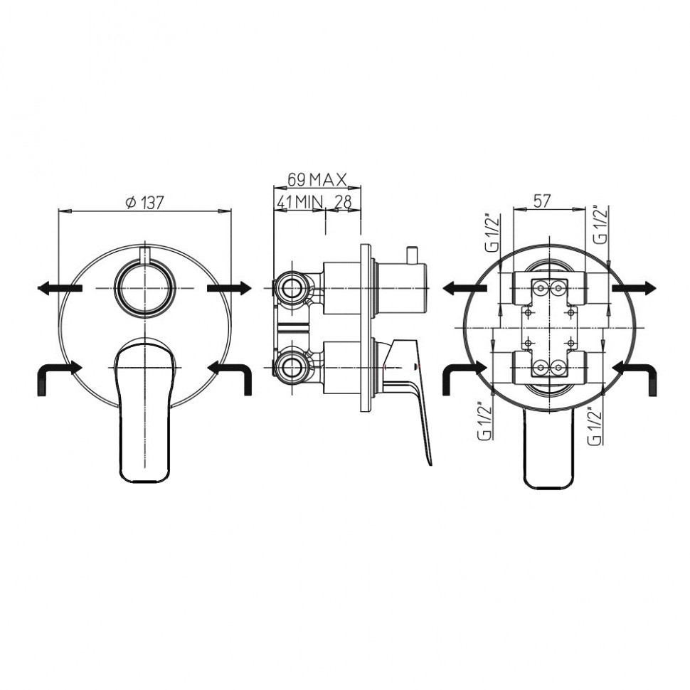 Paini Viva Style Смеситель для ванны встраиваемый, на 2 потребителя с внутренней частью, цвет: хром P4CR6911