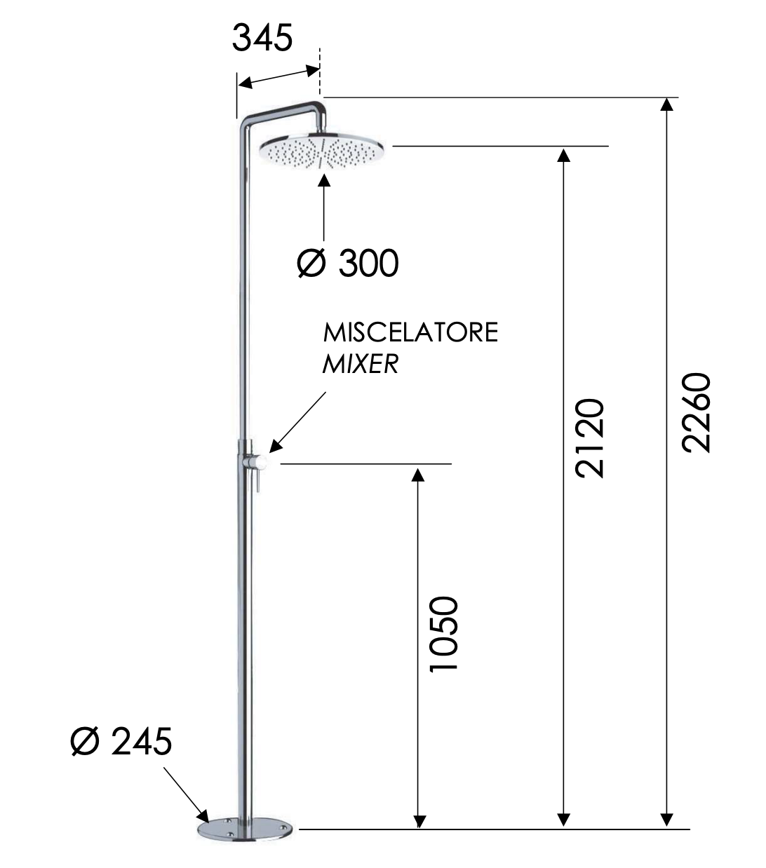 Remer Душевая колонна уличная 226 см, смеситель, верхний душ 30 см, цвет: cromo 331N52