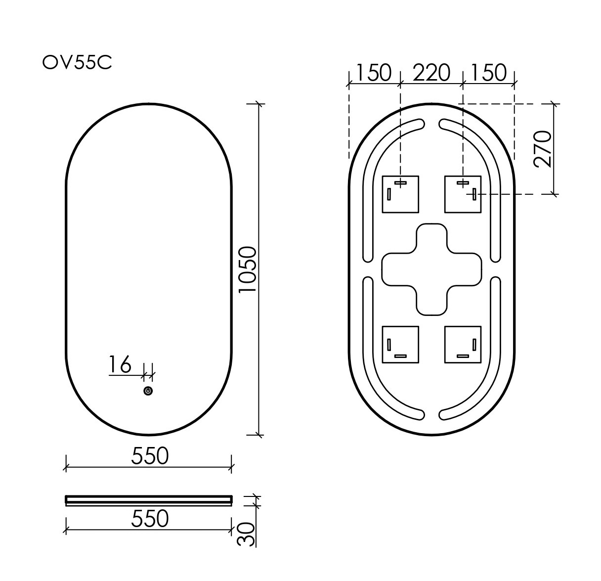 Sancos Oval Зеркало с подсветкой 55х90h см, сенсорный выключатель OV55C