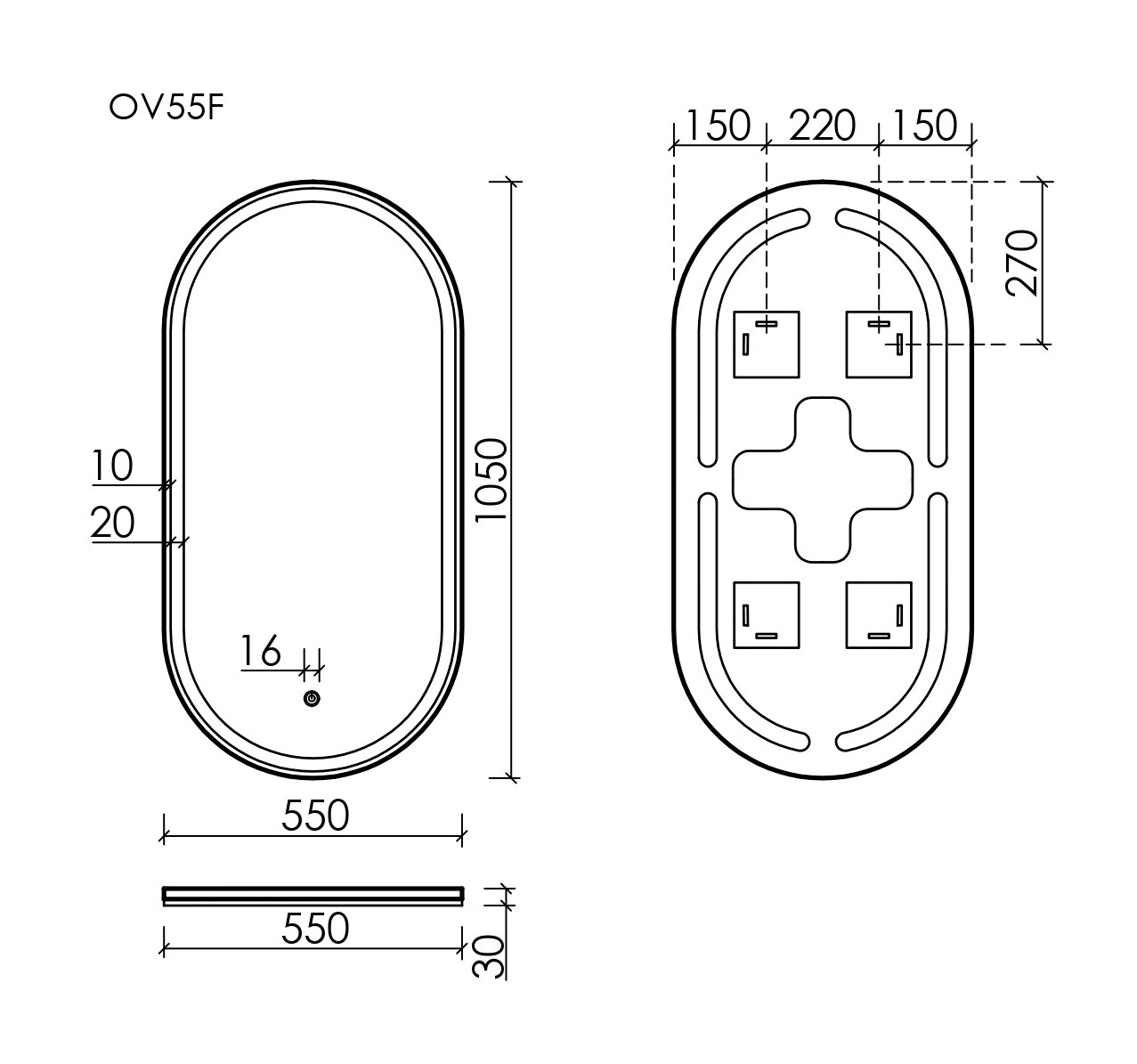 Sancos Oval Зеркало с подсветкой 55х90h см, сенсорный выключатель OV55F