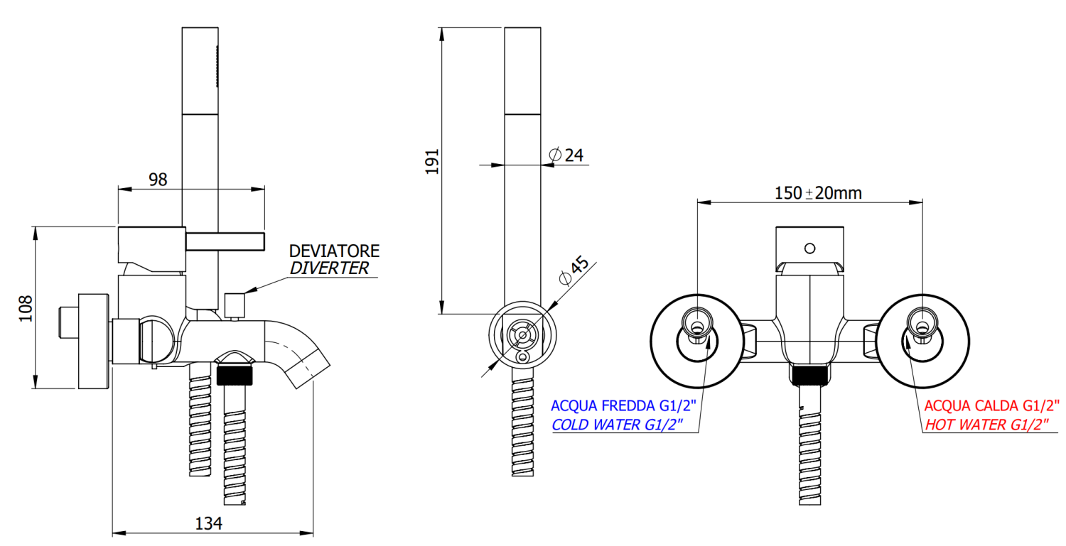 Remer Metrica Смеситель для ванны с душем, лейка, держатель, шланг 150 см, цвет: visual inox MC02XV