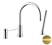 Remer Minimal Смеситель на борт ванны, излив 21,5 см, лейка 1 режим, шланг, цвет: vecchio ottone N072VO