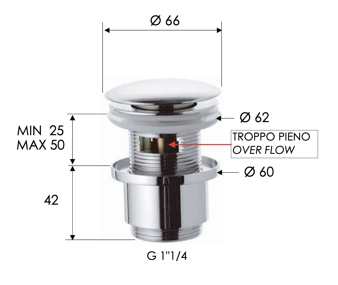Remer Донный клапан click-clack с переливом, цвет: visual inox 905CC2114XV
