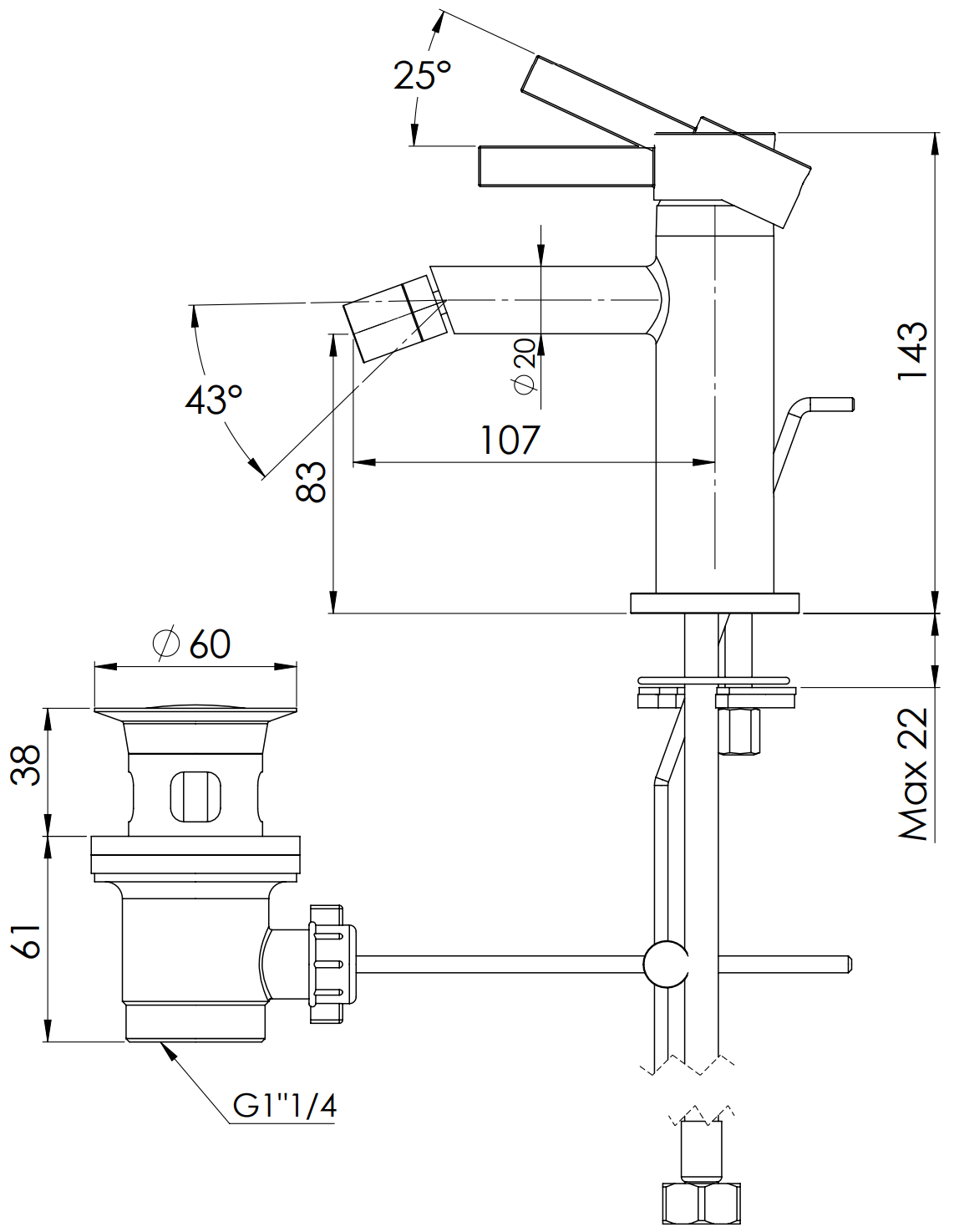 Remer Metrica Смеситель для биде, с донным клапаном, цвет: cromo MC20