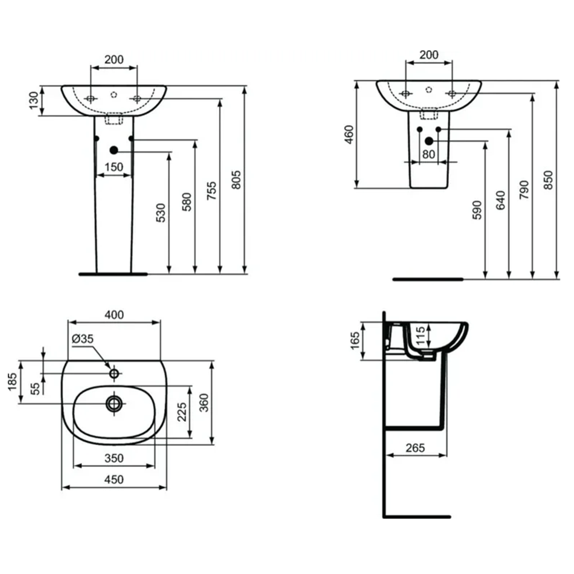 Ideal Standard Tesi Полуколонна малая с крепежом, цвет: euro white T352001