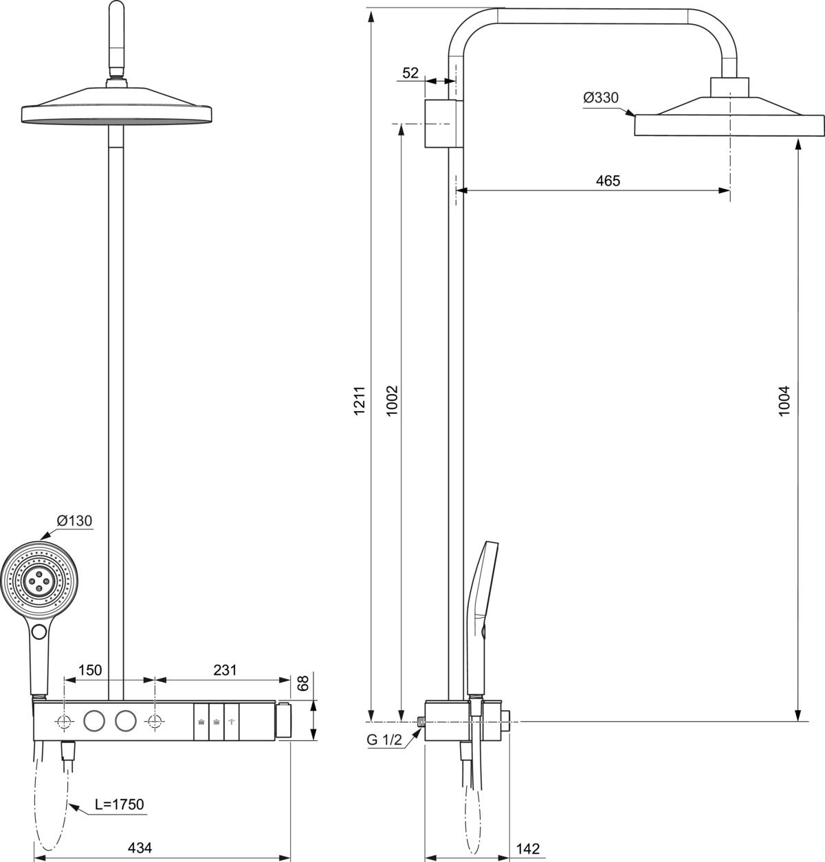 Ideal Standard Ceratherm Solos Душевая стойка: термостат, верхний душ, штанга 121,1 см, цвет: chrome A7883AA