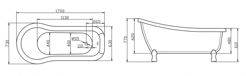 BelBagno Ванна акриловая отдельностоящая 168x72 см без слива-перелива, цвет: белый глянцевый Bb20-1700